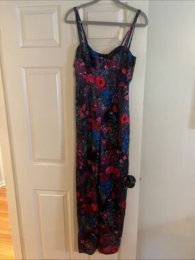 Floral Satin jumpsuit in Navy with Multicolor Blooms